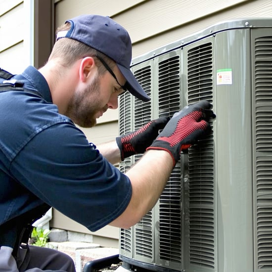 A service technician working on an outdoor air conditioning unit