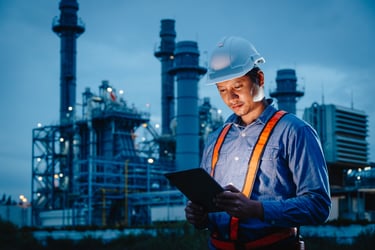 field service contractor looking at a tablet 
